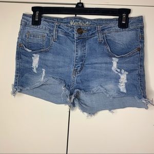 Machine Distressed Cut Off Denim Shorts